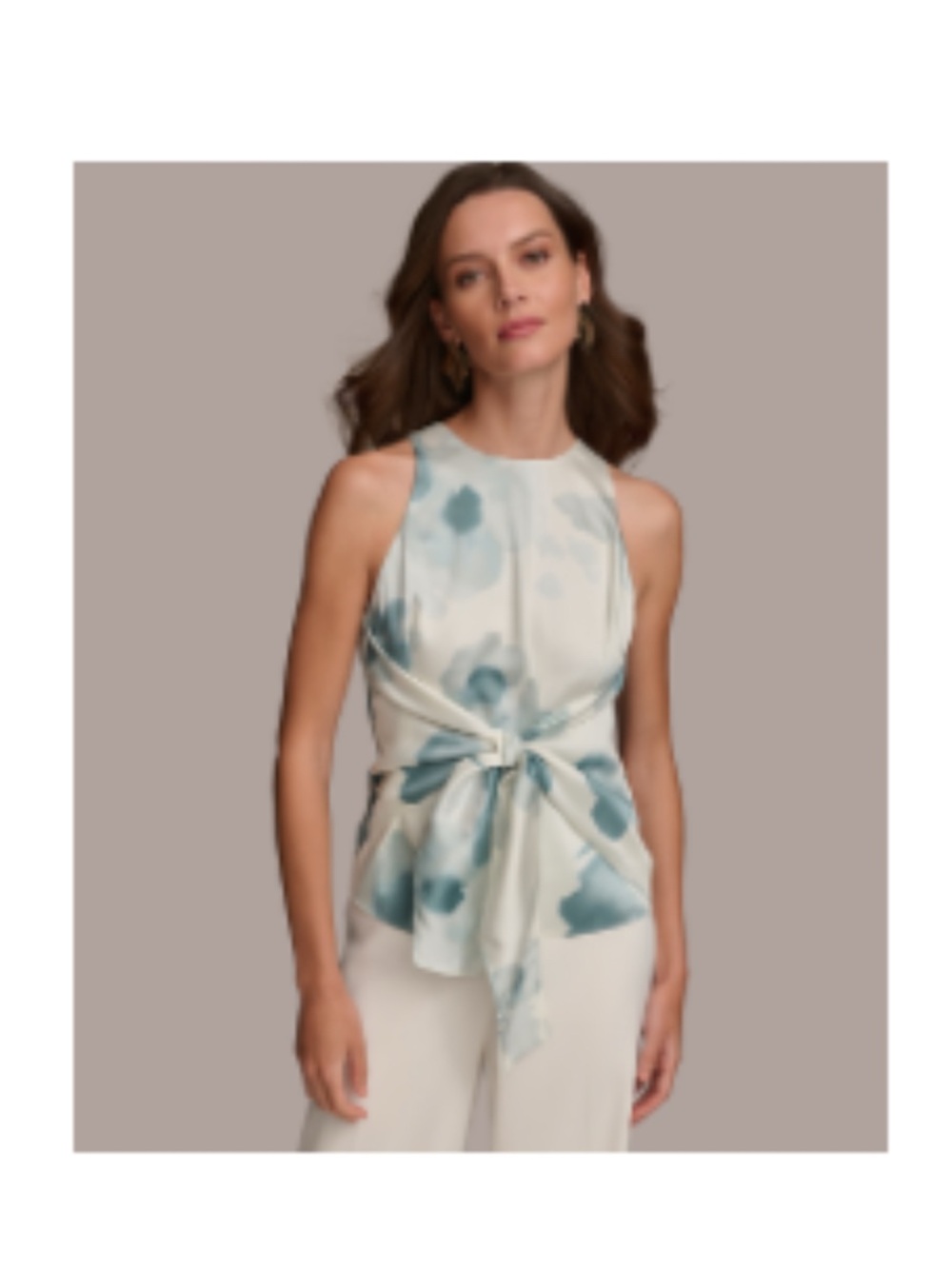 Donna Karan Sleeveless Floral Tie-Waist Top in Pale Blue and Cream